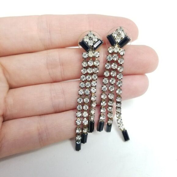 Vintage Rhinestone Dangle Stud Earrings, Black and Silver Tone Stones, Fun Retro - Picture 1 of 6